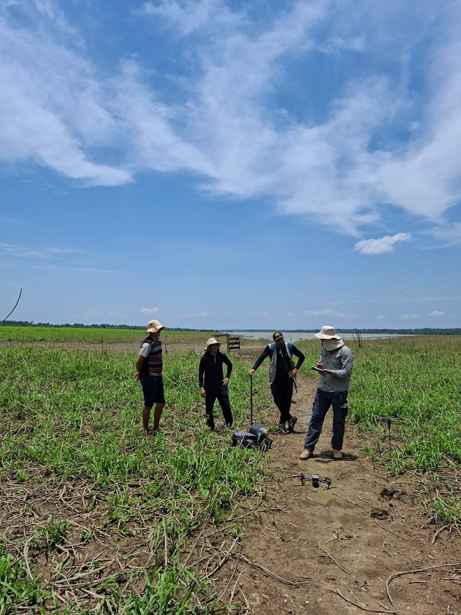 Equipe fazendo tradagem em área de várzea com pasto baixo, sob céu azul