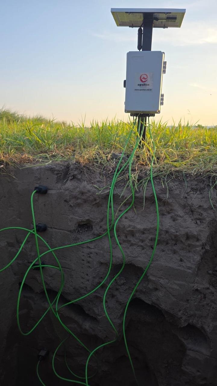 Datalogger alimentado por painel solar com cabos de sensores descendo pelo perfil de solo